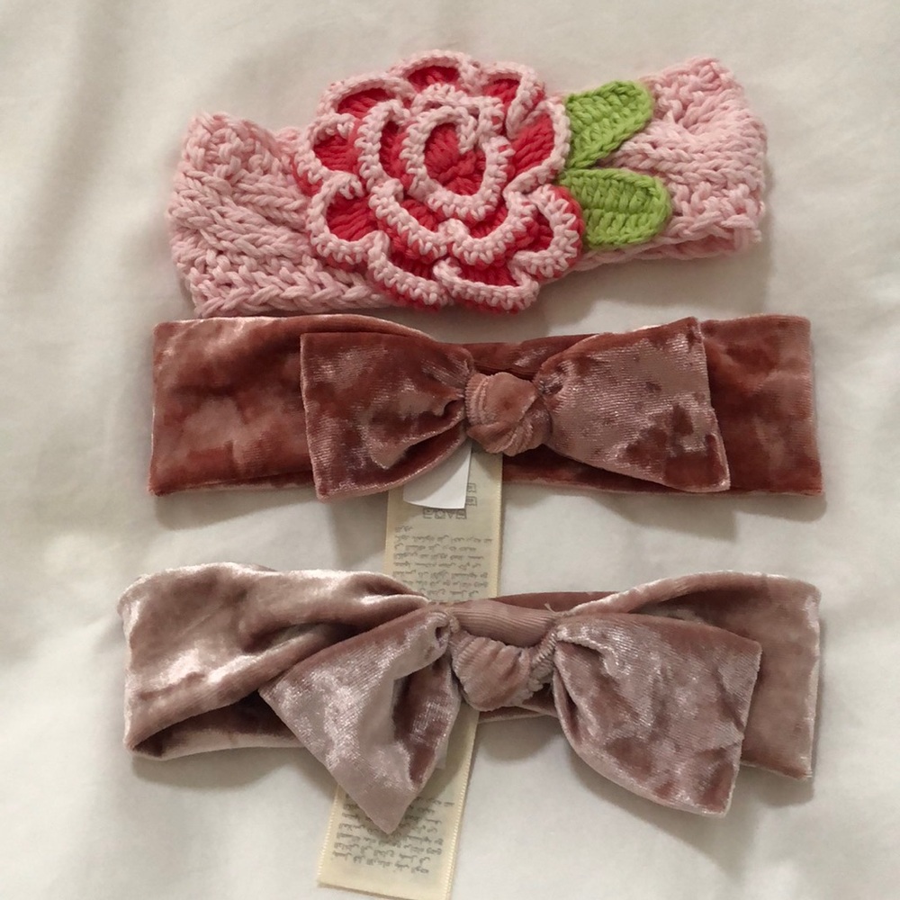 Knit flower and two velvet bow headbands